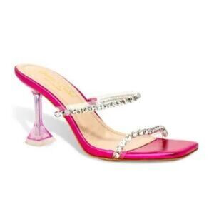 Double Rhinestone Pyramid Heel Sandal In Clear Fuchsia Metallic barbie heels 5.5